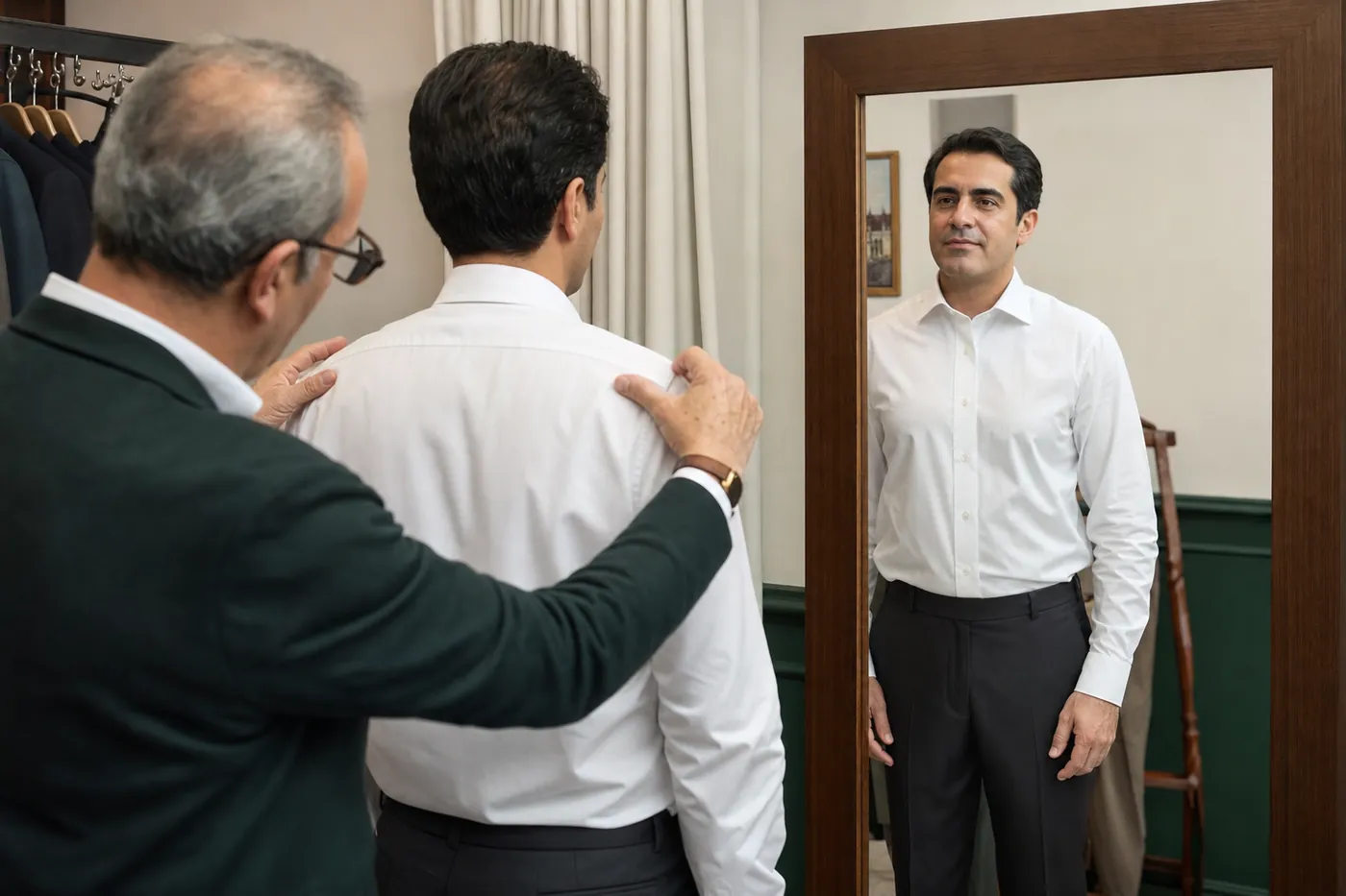 پرو پیراهن مردانه سفارشی و بررسی خط سرشانه جلوی آینه